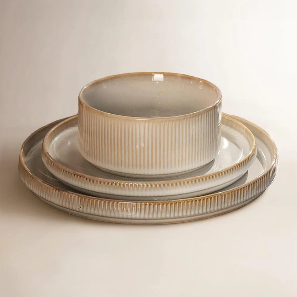 12 Piece Stoneware Dinnerware Sets, Plates and Bowls Set For 4, Double Reactive Glaze Dishwasher Safe and Microwave Safe
