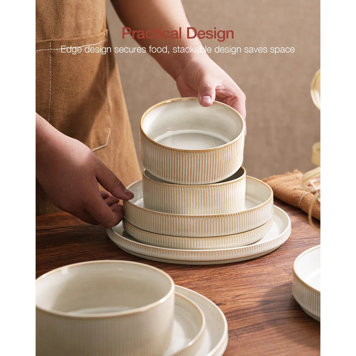 12 Piece Stoneware Dinnerware Sets, Plates and Bowls Set For 4, Double Reactive Glaze Dishwasher Safe and Microwave Safe