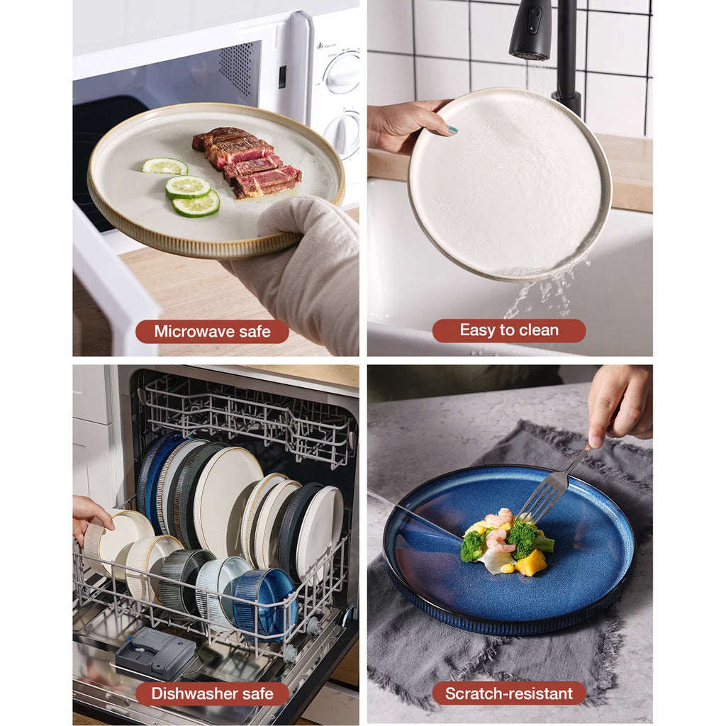 12 Piece Stoneware Dinnerware Sets, Plates and Bowls Set For 4, Double Reactive Glaze Dishwasher Safe and Microwave Safe